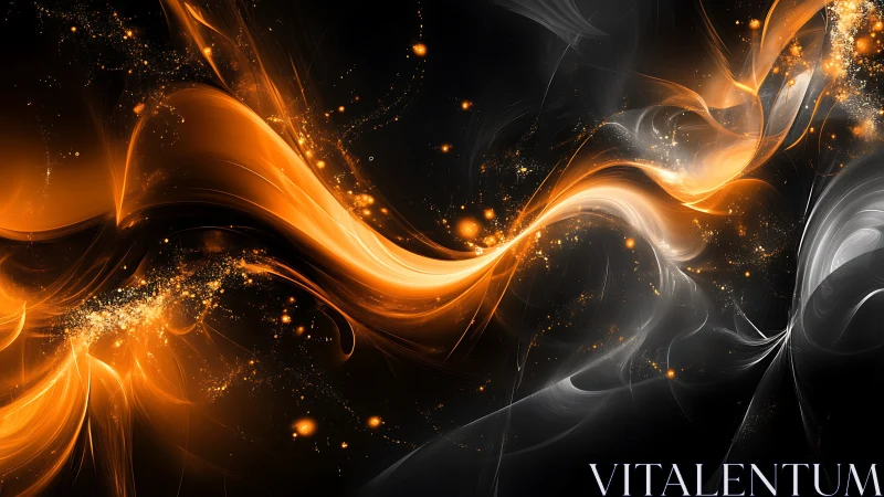 Digital painting of luminous orange plasma ribbons on black field.