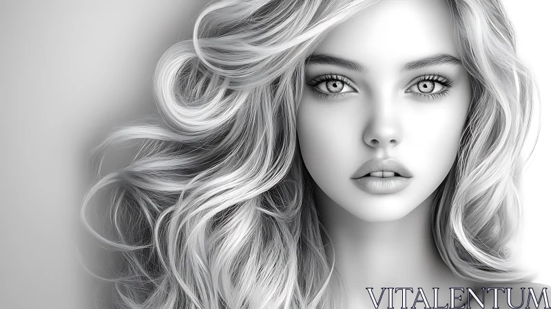Monochrome ethereal portrait with flowing volumetric hair design.