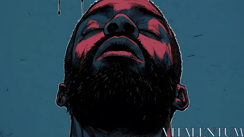 Upward-tilted bearded portrait with high-contrast rim lighting.