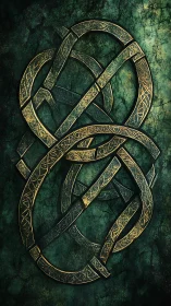 Interlaced metallic knotwork on textured green background.