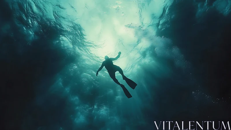 Backlit silhouette of underwater free diver in volumetric rays.