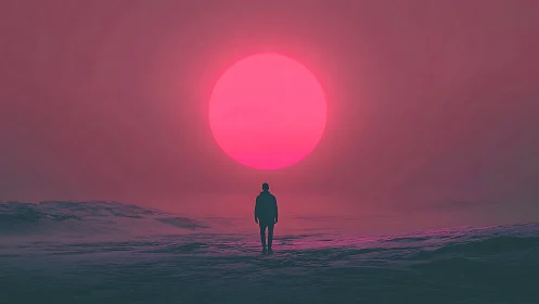 Digital painting of lone figure before oversized neon sunscape.