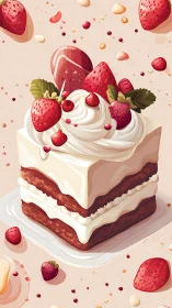 Layered cream cake with fresh strawberries and glossy icing.