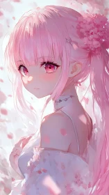High-key anime portrait of pink-haired girl amid drifting petals