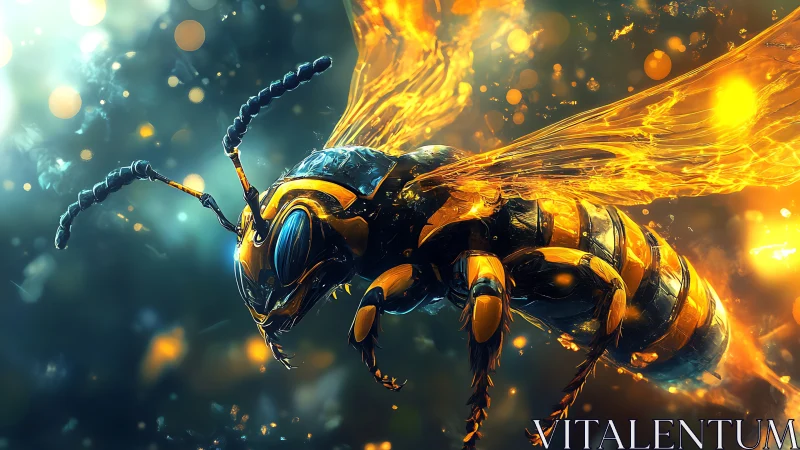 Futuristic wasp rendered as glowing mechanical insect.