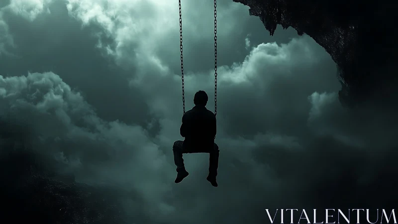 Solitary sky swing drifting over a cavern of stormclouds.