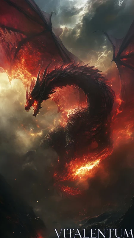 Infernal fire dragon coiled in storm lit volcanic sky.