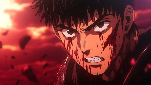 Bloodied anime warrior in intense red battle sky scene.
