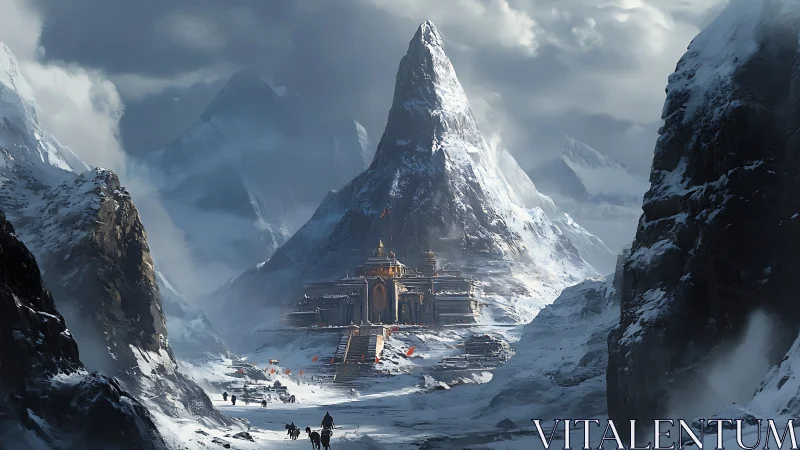 Snowbound pilgrims thread toward a sunlit mountain citadel