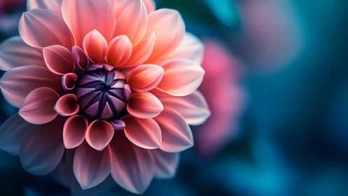 Close-up coral dahlia bloom with sharp radial petal structure and deep center