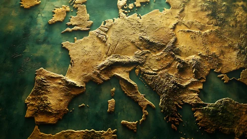 Textured 3D relief map renders sunlit terrain of Europe