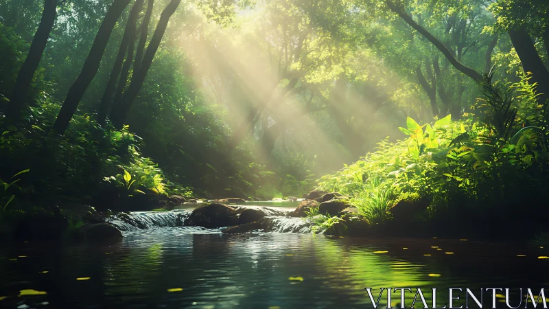 Luminous Forest Stream with Golden Sunlight Penetration