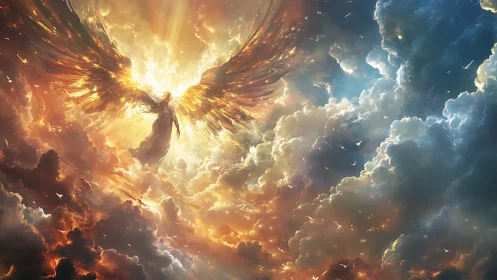 Radiant winged figure emerging within luminous clouds.