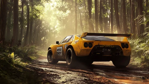 Rally-spec yellow sports car on damp forest trail at sunrise