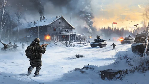 Soldiers Brave Winter Combat in Snowy Battlefield.