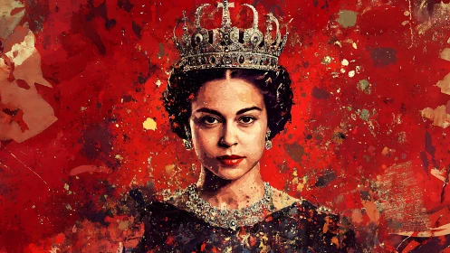Regal portrait of crowned woman against vivid red splatter