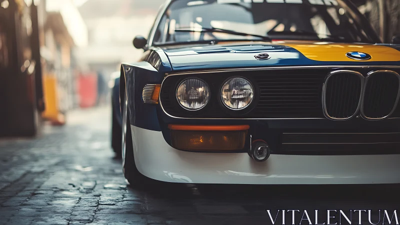 Vintage BMW race car front captured in shallow depth of field
