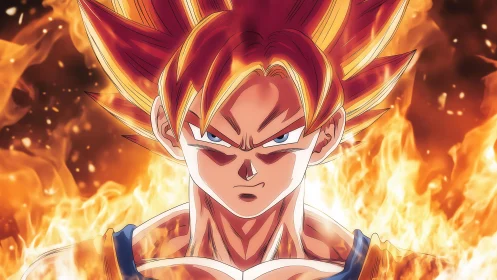 Fiery anime warrior ascends in a blazing, focused power aura