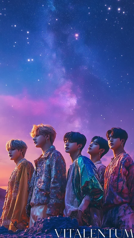 Stargazing pop idols shine beneath a vivid galactic sky.