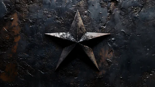Rusty metal star rests on dark textured industrial surface