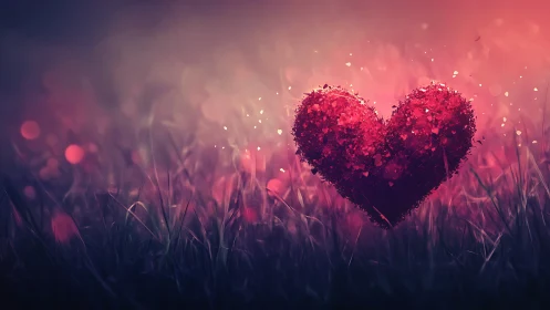 Glowing Red Heart in Grass Field Against Pink Sky.
