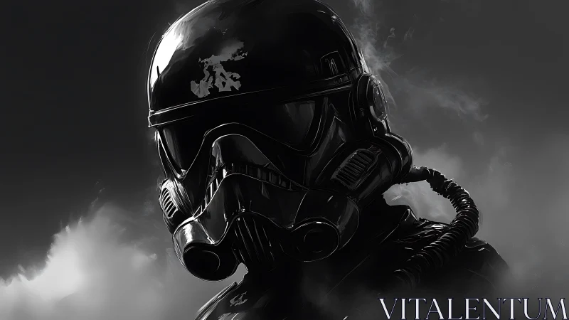 Monochrome armored pilot portrait in cinematic chiaroscuro digital painting.
