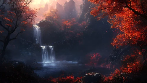 Luminous Waterfall Through Autumn Forest.