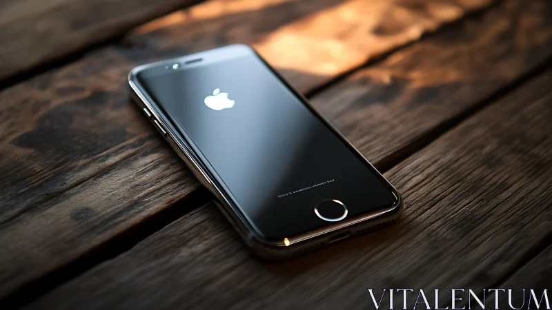 Midnight iPhone rests upon weathered wood, gleaming with untold digital secrets.