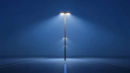 Symmetric road lamp casting volumetric beams in blue night haze