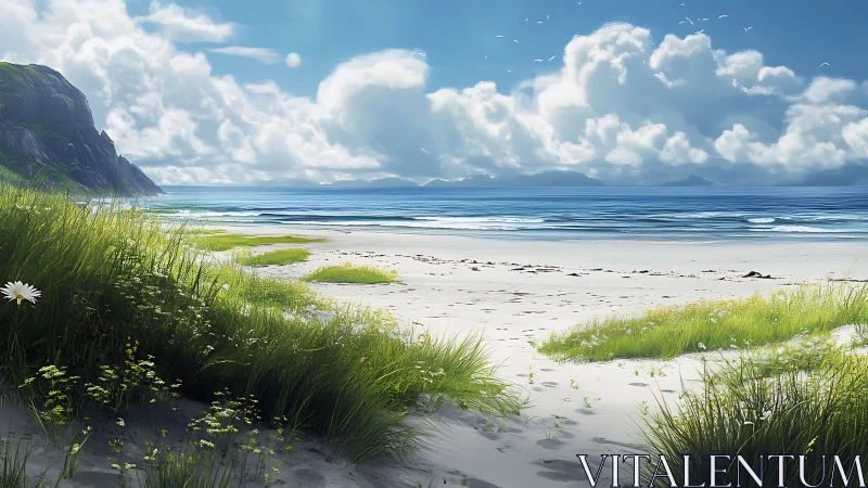 Sunlit coastal dunes open toward a calm blue ocean horizon