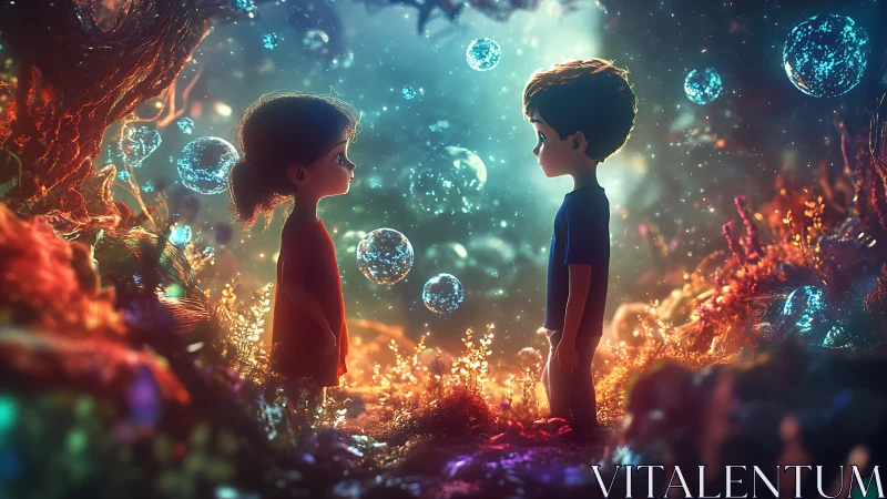 Childhood meeting in a glowing underwater dream garden.