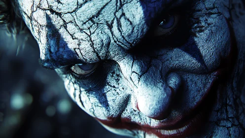 Chilling close-up of a cracked, grinning night-clown face.