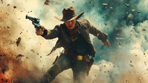 Cowboy gunslinger leaps through exploding dust storm