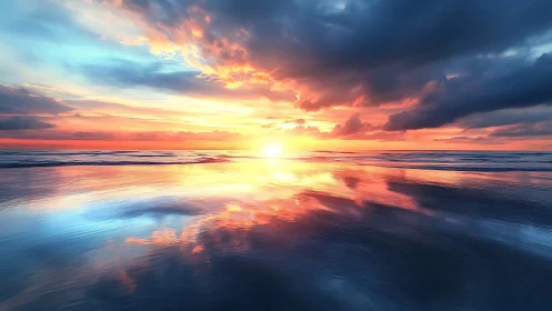 Vibrant ocean sunset with glowing clouds and reflections.