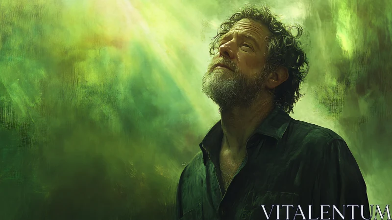 Sun-drenched wanderer pausing beneath a painted forest sky.