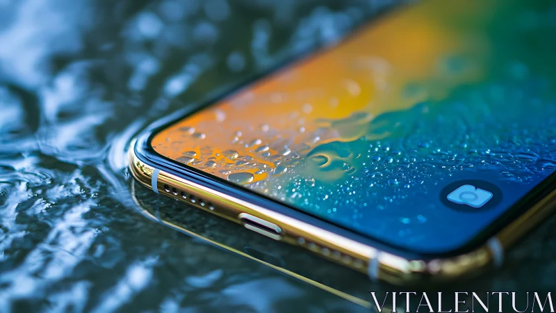 Smartphone screen lies in shallow water covered in droplets