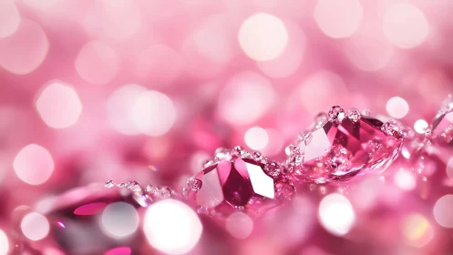 Macro capture isolates glossy pink gemstones with luminous bokeh