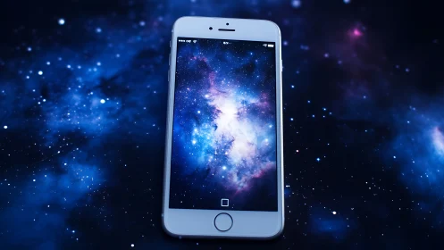 Smartphone screen mirrors luminous deep space galaxy scene