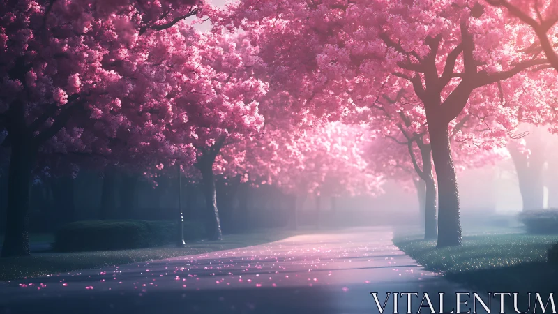 Dreamy cherry blossom path glowing in soft morning light.