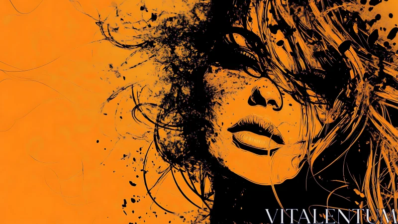 Female face rendered in high contrast orange and black ink