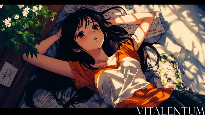 Anime girl lying on sunlit bed in quiet afternoon