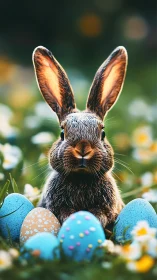 Easter bunny sits among painted eggs in spring meadow