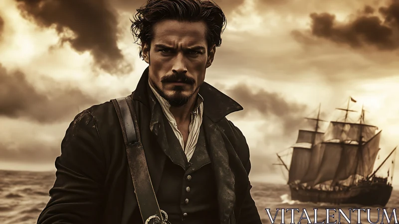 Brooding sea captain stands defiant before stormy horizon