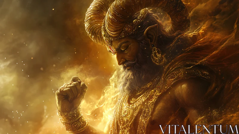 Ember-crowned horned deity in swirling golden quietude.