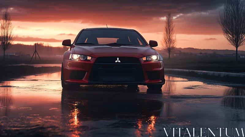 Sunset street reflections with a bold red sports car.
