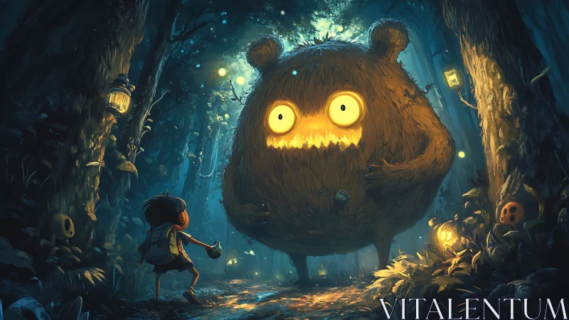 Child meets glowing forest monster in midnight lantern woods.