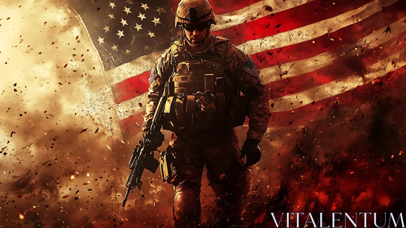 Armed soldier advances before distressed United States flag backdrop