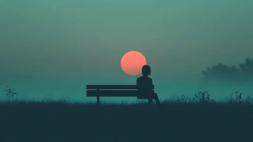 Silhouetted figure sits on bench before low red sun