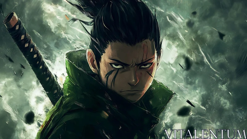 Determined anime swordsman in stormy green atmosphere.
