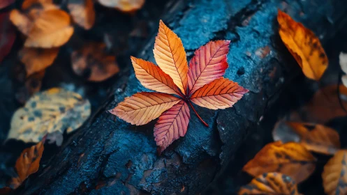 Radial autumn leaf on wet log with high contrast color separation